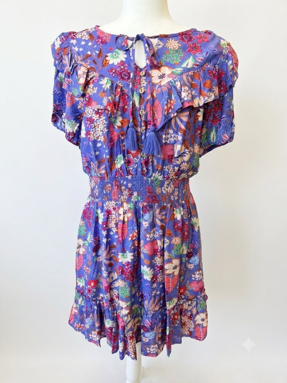 Easel Periwinkle Blue and Pink Floral Tiered Dress